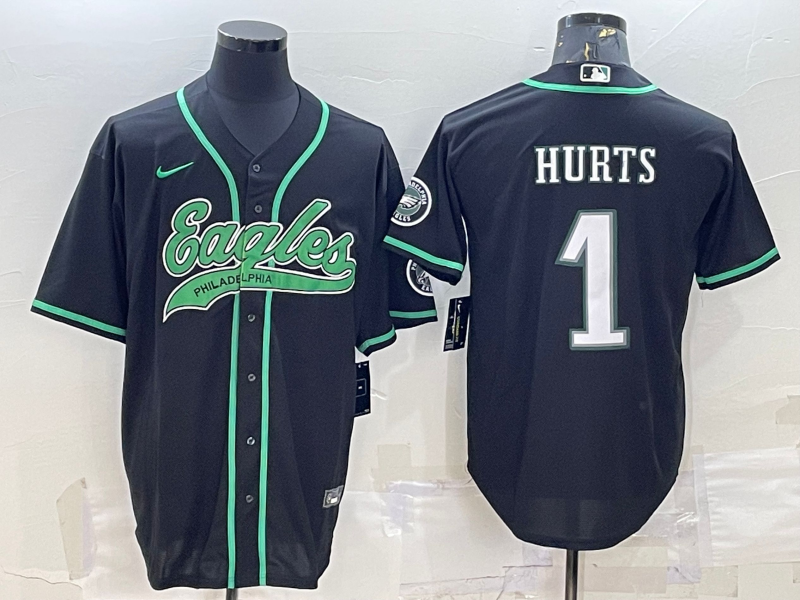 Men's Philadelphia Eagles #1 Jalen Hurts Black With Patch Cool Base Stitched Baseball Jersey Men's Philadelphia Eagles #1 Jalen Hurts Black With Patch Cool Base Stitched Baseball Jersey